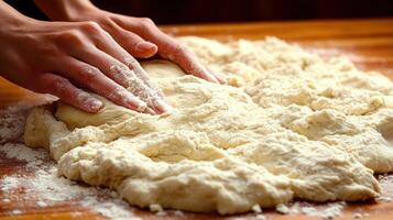 Flour dust lightly coats a warm countertop as dough is skillfully kneaded by hand photo