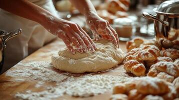 A dedicated baker creates delicious bread with flour scattered around photo