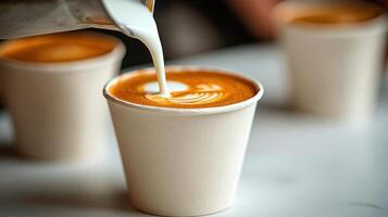 Warm milk swirls into coffee, creating a delightful pattern in cozy cups photo