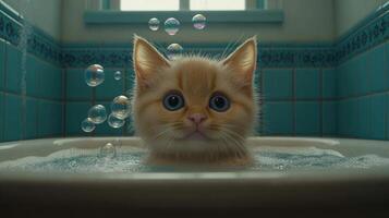 A fluffy orange kitten is surrounded by gentle bubbles in a bright bath photo