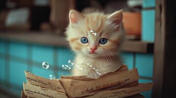 A fluffy kitten curiously peeks out from a box, surrounded by floating bubbles photo