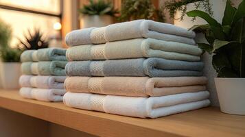 Soft towels stacked in pastel hues create a serene and inviting atmosphere indoors photo