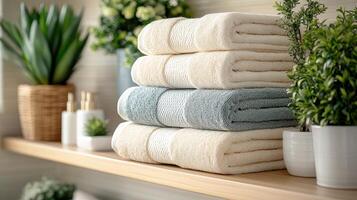 Plush towels are stacked elegantly beside vibrant greenery, creating a serene atmosphere photo