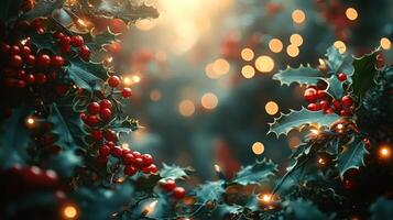 A cozy atmosphere emerges with vibrant holly berries and soft glowing lights photo