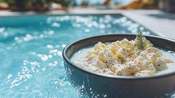 A bowl of cottage cheese sits by a sparkling pool, ideal for a sunny day photo