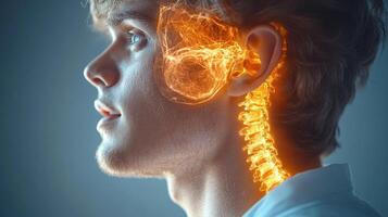 A young man is depicted with a radiant visualization of his inner anatomy at twilight photo