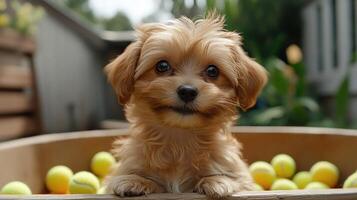 A playful puppy enjoys a pile of tennis balls in a lively garden setting photo