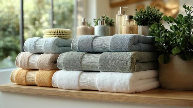 vistoso toallas son arreglado en un de madera superficie, complementado por natural decoración artículos foto