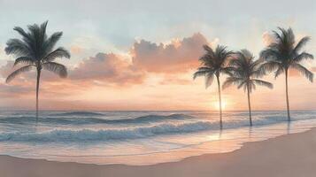 Golden hues blend with soft waves as palm trees sway gently at seashore twilight photo