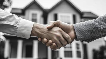 A powerful handshake symbolizes partnership as two men negotiate outside a lovely house photo