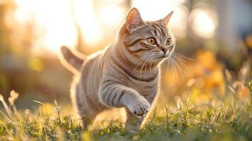 A curious tabby cat explores lush green grass, illuminated by warm sunlight in the garden photo