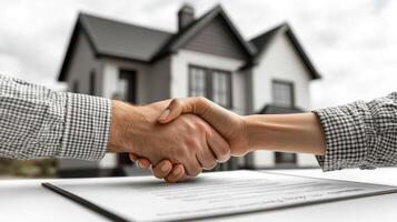 A couple shakes hands to finalize their home purchase agreement near a beautiful house photo