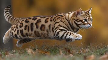 The Bengal cat showcases its agility while leaping through a backdrop of fall foliage photo