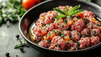 Delicious raw meat mixed with herbs and spices, beautifully presented in a black bowl photo