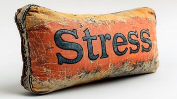 An old pillow displaying the word stress evokes feelings of nostalgia and reflection photo