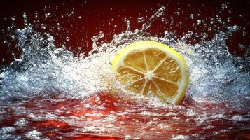 Lemon slice cascades into red liquid, creating energetic splashes and vibrant colors photo