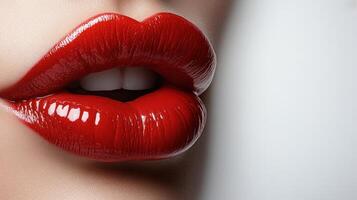Glossy red lips reflect light beautifully, creating an alluring and dramatic effect photo