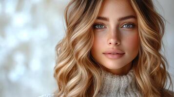 A beautiful young woman stares directly into the camera, embodying calm and elegance photo
