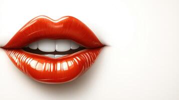 Glossy red lips showcase a captivating smile against a simple backdrop photo
