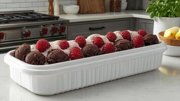 A tempting dessert of perfectly scooped ice cream adorned with fresh raspberries photo
