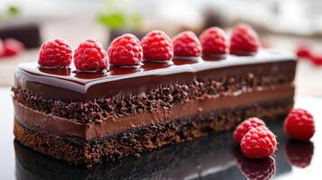 A luxurious chocolate dessert topped with vibrant raspberries, perfect for indulgence photo