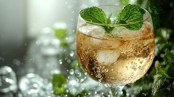A sparkling drink garnished with fresh mint leaps to life with bubbling excitement photo