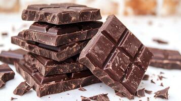Decadent dark chocolate bars are arranged atop each other with shavings sprinkled around photo