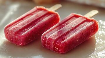 Two vibrant red popsicles sit invitingly, capturing the essence of summer photo
