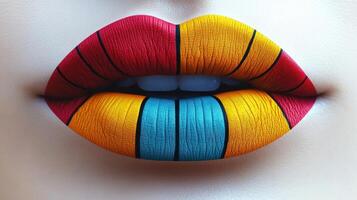 A stunning display features colorful lips with artistic geometric patterns photo