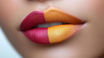 A closeup showcases a stunning two-tone lip look with contrasting colors photo