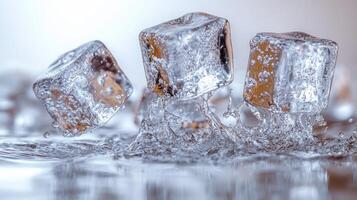 Ice cubes tumble playfully in water, creating a delightful splash and refreshing energy photo