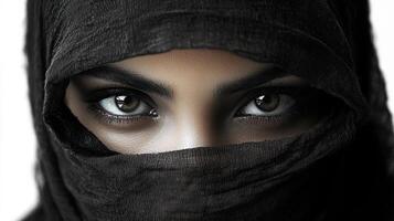The captivating eyes of a veiled woman reflect deep emotion and strength photo