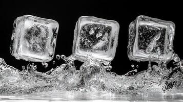 Three ice cubes dive into water, creating splashes that shimmer in the light photo