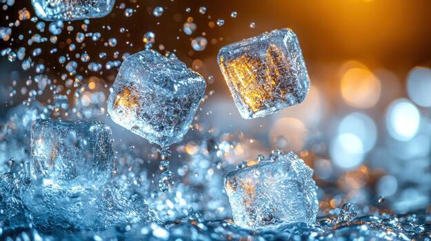 Ice cubes cascade through sparkling water, creating shimmering reflections and ripples photo