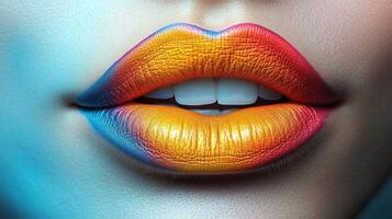 A close-up reveals lips adorned with a striking gradient of bright colors photo