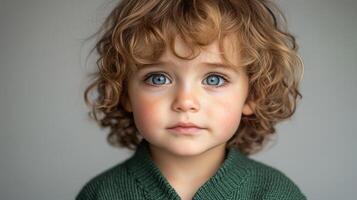 Soft curls frame the child's face as bright blue eyes show curiosity and wonder photo