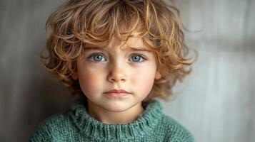 Curly-haired child displays a serene expression, immersed in gentle light photo