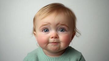 A delightful baby displays a charming expression, engaging with the viewer intently photo