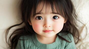 A delightful toddler gazes softly with wonder while relaxing comfortably at home photo