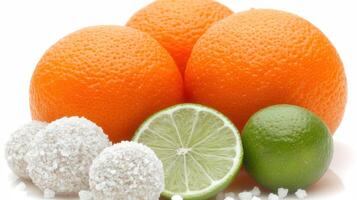 Fresh oranges and limes arranged artistically with sugary delights nearby photo