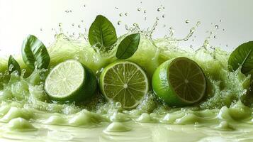 Fresh lime halves burst through a lively green liquid, creating an energetic splash photo