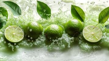 Half-sliced limes splash among droplets and green leaves, exuding refreshment photo
