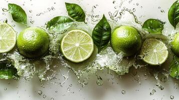 Limes burst through water, creating splashes, surrounded by lush green leaves photo