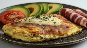 A sumptuous omelette garnished with herbs, accompanied by sliced avocado and tomatoes photo