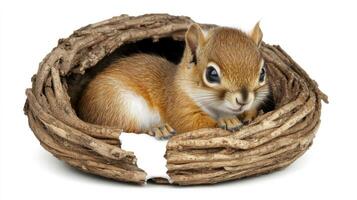 A playful young squirrel relaxes in a nest, surrounded by the comfort of twigs photo