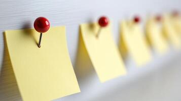 Bright yellow sticky notes with red pins creatively capture thoughts photo