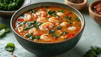 A delightful shrimp soup simmering with vibrant herbs and spices in a bowl photo