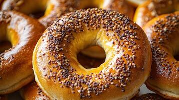 Warm bagels glisten with seeds, inviting all to savor their delightful taste photo