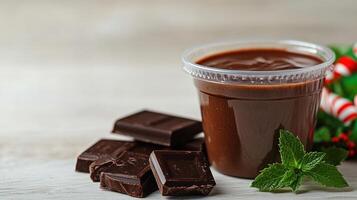 A rich chocolate dip sits beside dark chocolate squares garnished with fresh mint photo
