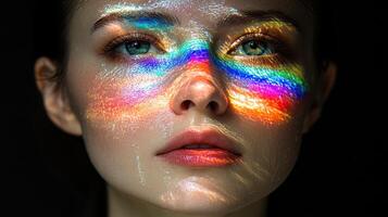 Colorful light dances across a serene face, creating a mesmerizing, artistic effect photo